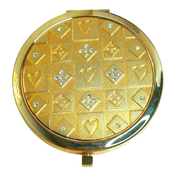 Neiman Marcus Gold Tone Hearts Rhinestone Accent Compact Mirror in Box - Picture 3 of 9